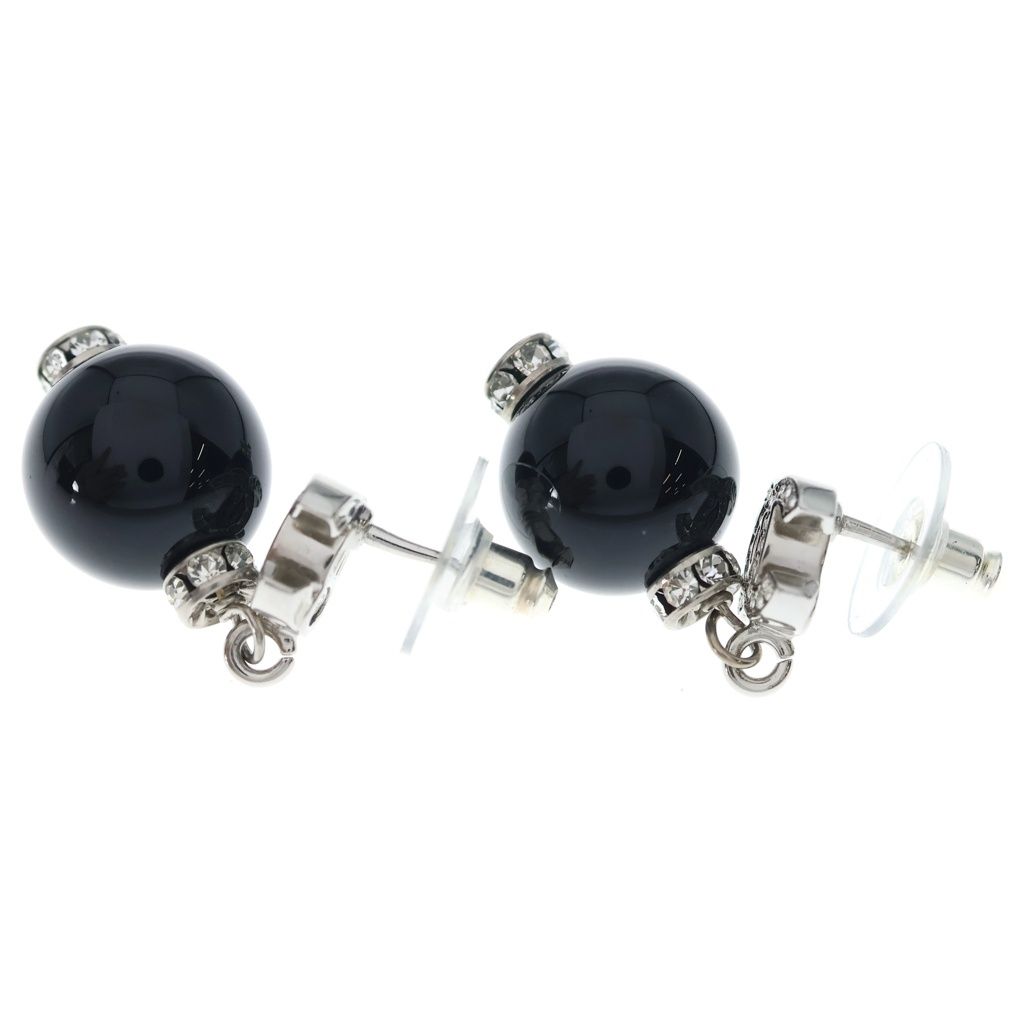 Chanel CC Logo Rhinestone Ball Earrings Silver Black — view 3