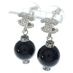 Chanel CC Logo Rhinestone Ball Earrings Silver Black