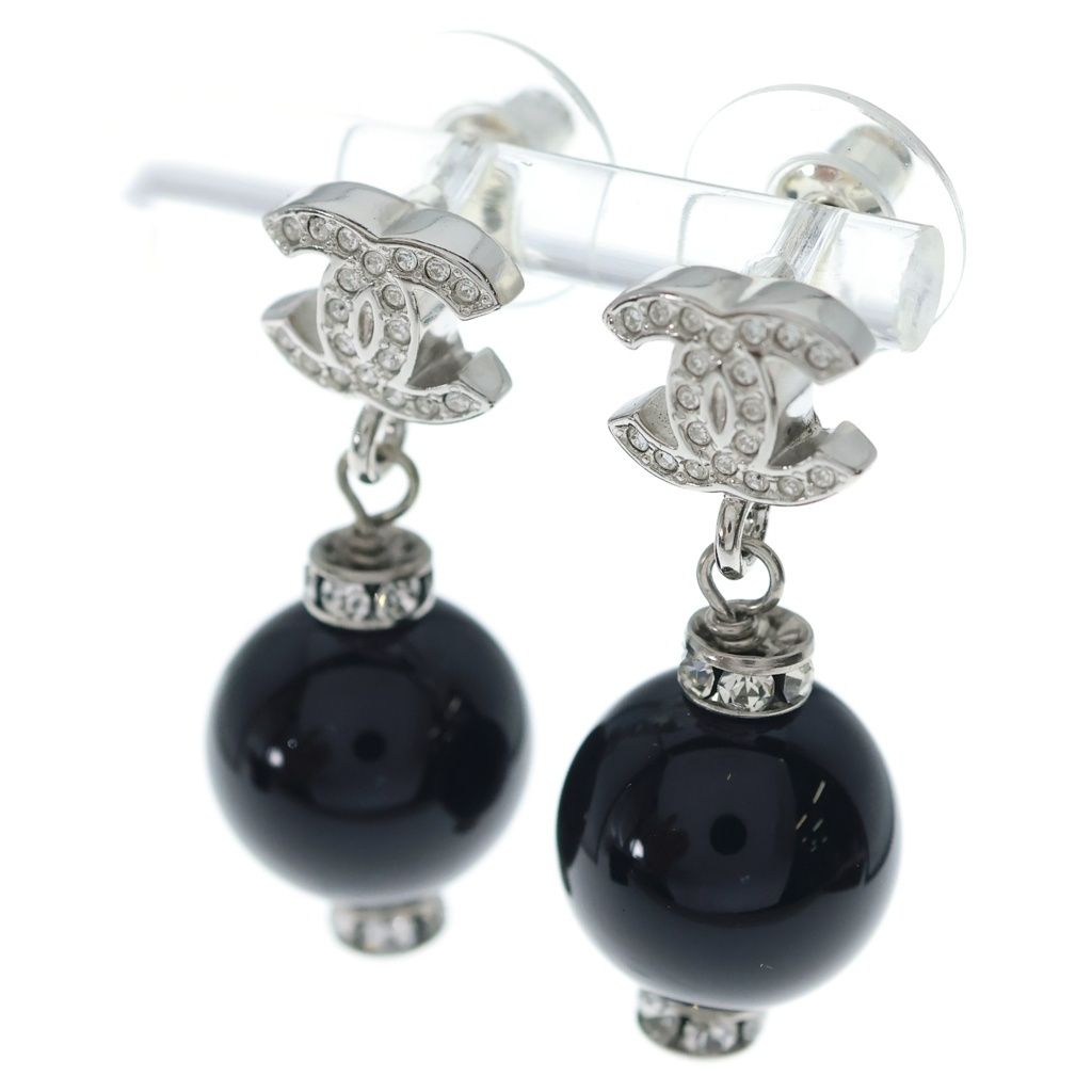 Chanel CC Logo Rhinestone Ball Earrings Silver Black