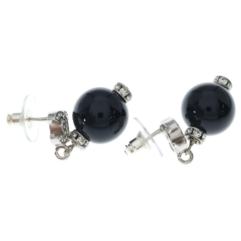 Chanel CC Logo Rhinestone Ball Earrings Silver Black — view 4