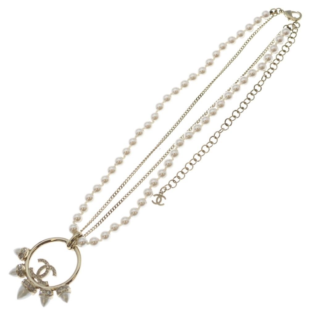 Chanel CC Logo Circle Pearl Necklace Metal Gold Faux Rhinestone with Bean Box — view 2