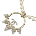 Chanel CC Logo Circle Pearl Necklace Metal Gold Faux Rhinestone with Bean Box