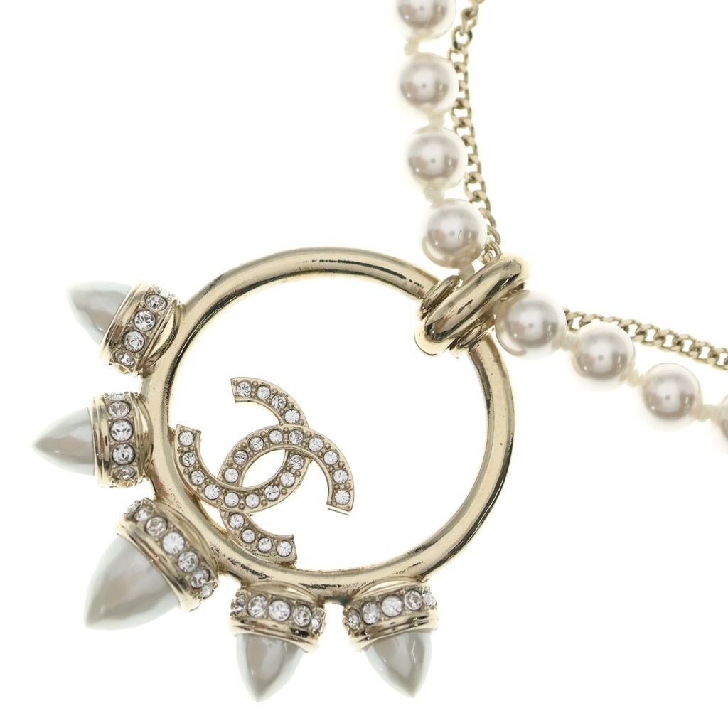 Chanel CC Logo Circle Pearl Necklace Metal Gold Faux Rhinestone with Bean Box