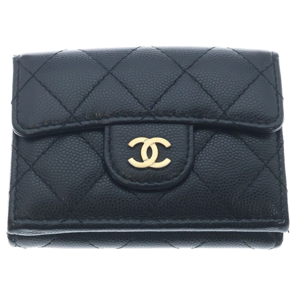 Chanel CC Logo Quilted Compact Wallet Trifold Caviar Leather Black Gold Seal