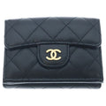 Chanel CC Logo Quilted Compact Wallet Trifold Caviar Leather Black Gold Seal