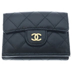 Chanel CC Logo Quilted Compact Wallet Trifold Caviar Leather Black Gold Seal