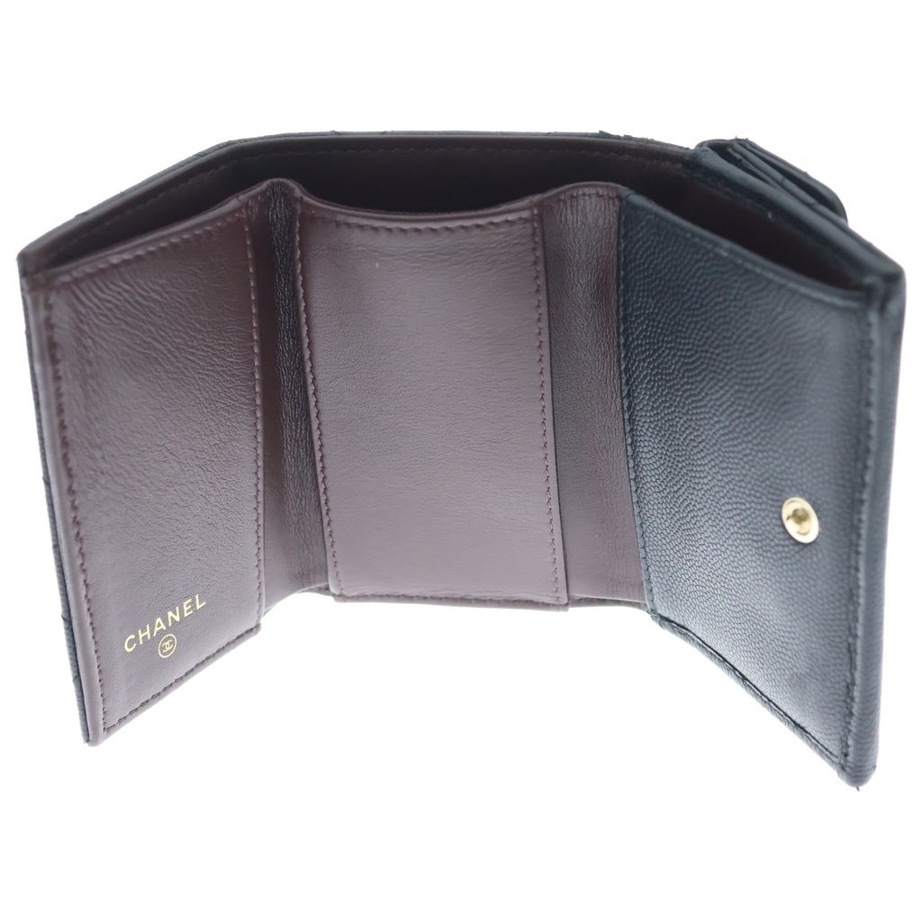 Chanel CC Logo Quilted Compact Wallet Trifold Caviar Leather Black Gold Seal — view 4