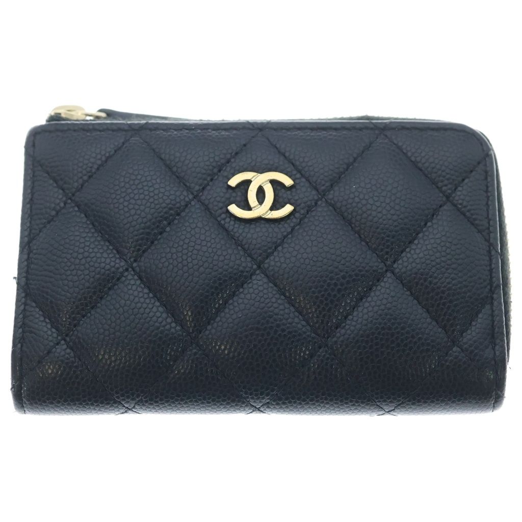 Chanel CC Logo Quilted Coin Purse Caviar Leather Black Gold Seal Card