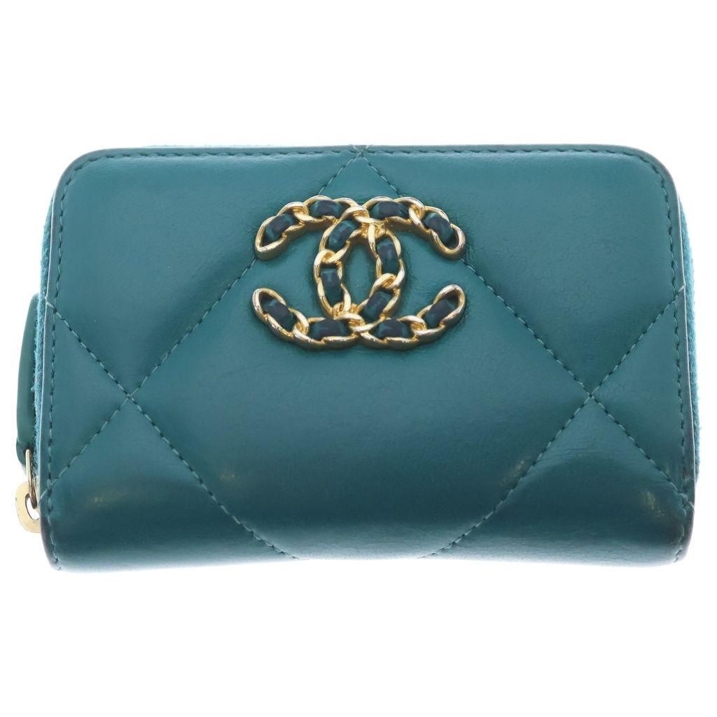 Chanel 19 CC Logo Lambskin GD Zippy Coin Case Light Blue
