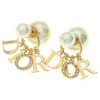 Dior Tribal Logo Rhinestone Pearl Earrings White Gold