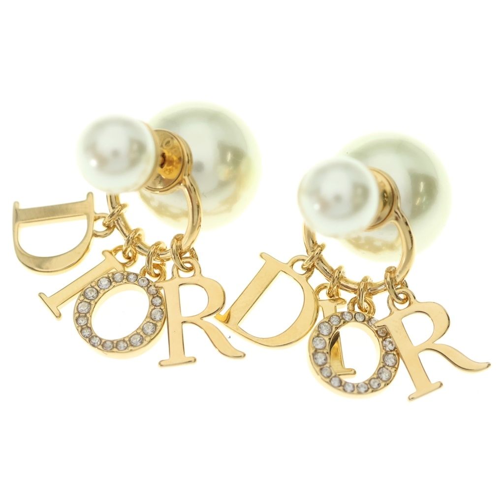 Dior Tribal Logo Rhinestone Pearl Earrings White Gold