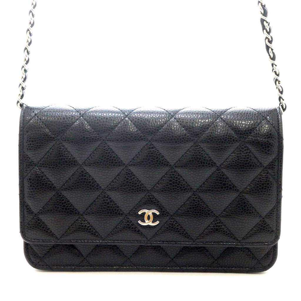 Chanel Quilted Chain Wallet Shoulder Bag Caviar Leather Black Silver