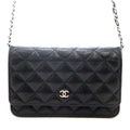 Chanel Quilted Chain Wallet Shoulder Bag Caviar Leather Black Silver