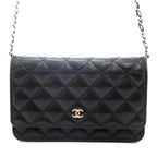 Chanel Quilted Chain Wallet Shoulder Bag Caviar Leather Black Silver
