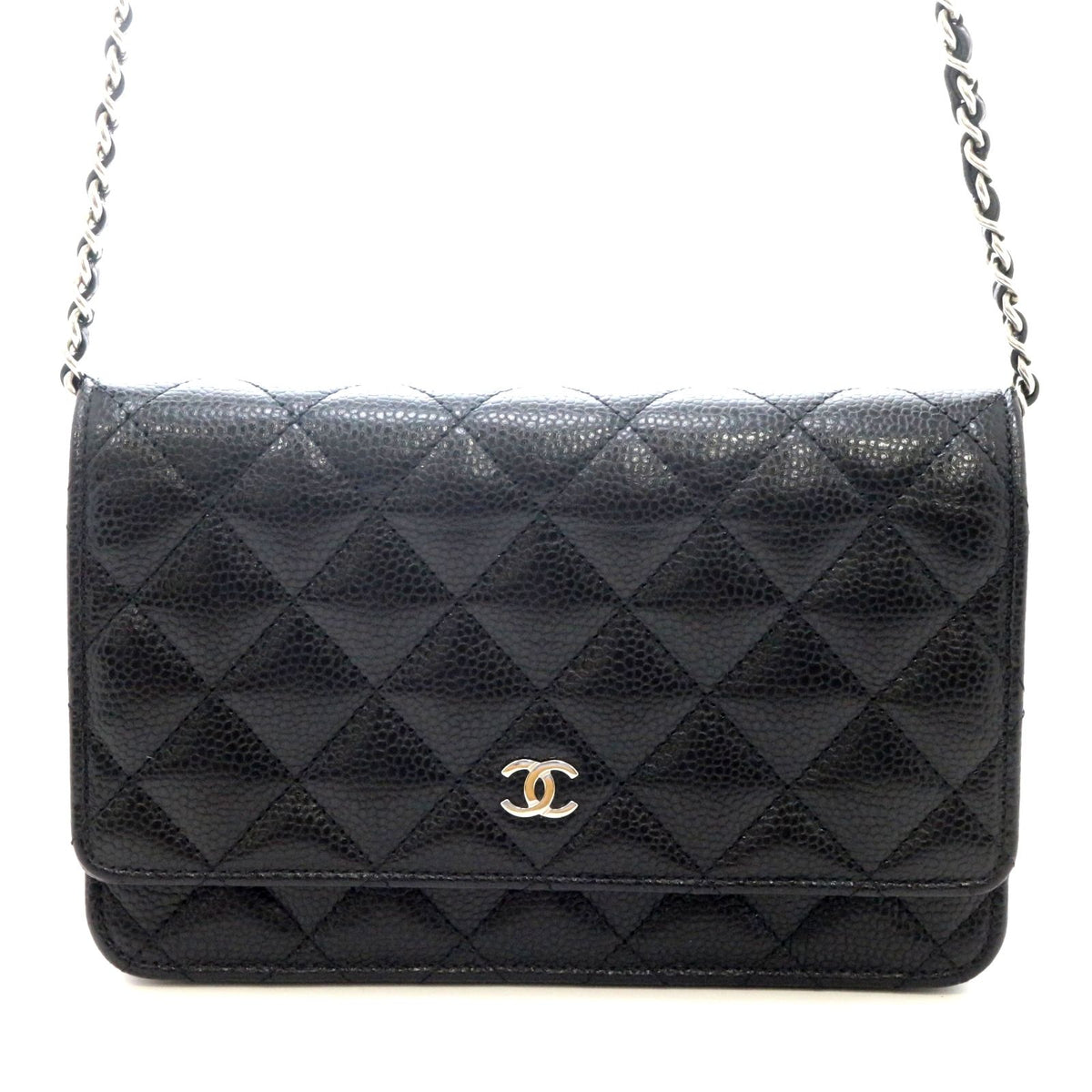 Chanel Quilted Chain Wallet Shoulder Bag Caviar Leather Black Silver