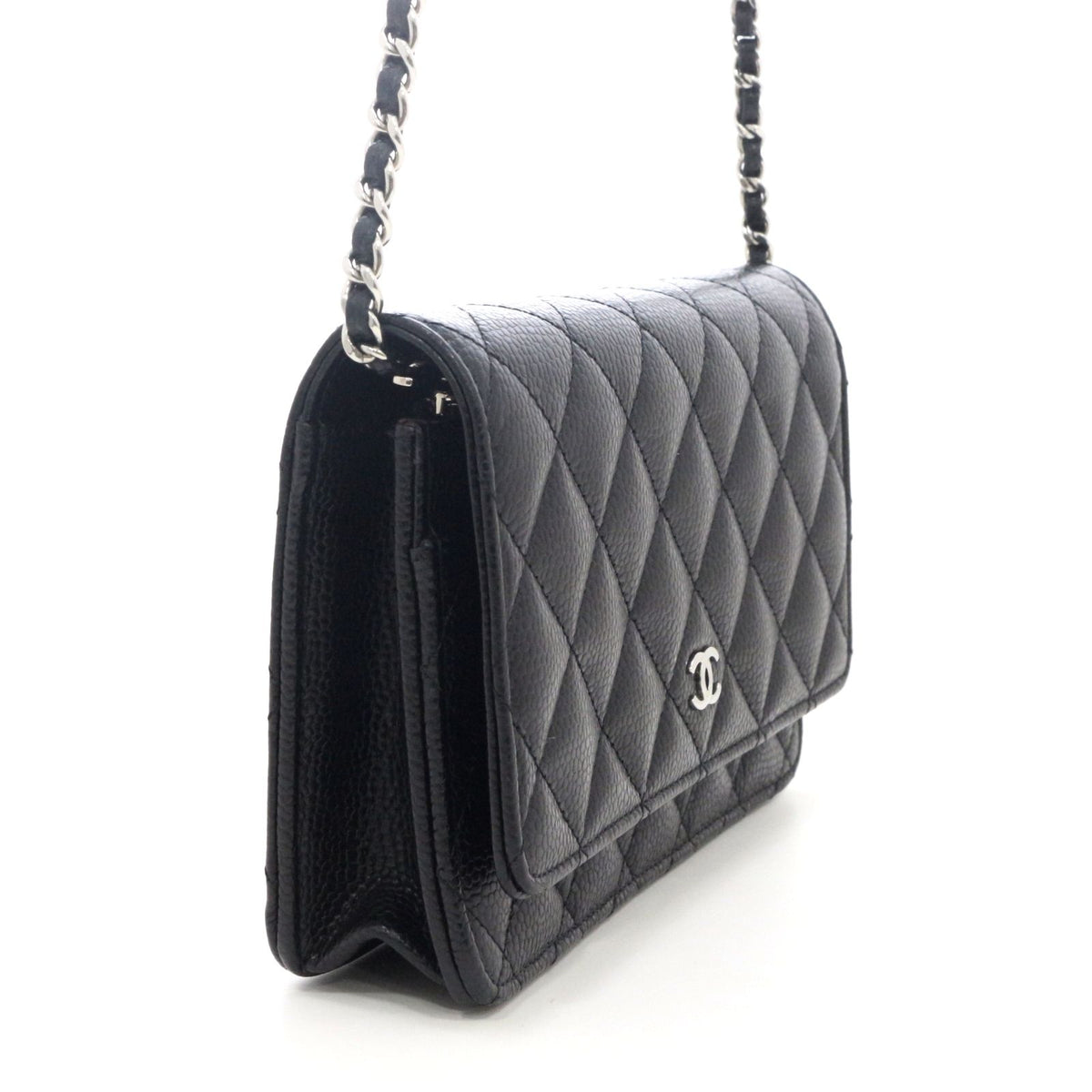 Chanel Quilted Chain Wallet Shoulder Bag Caviar Leather Black Silver — view 2