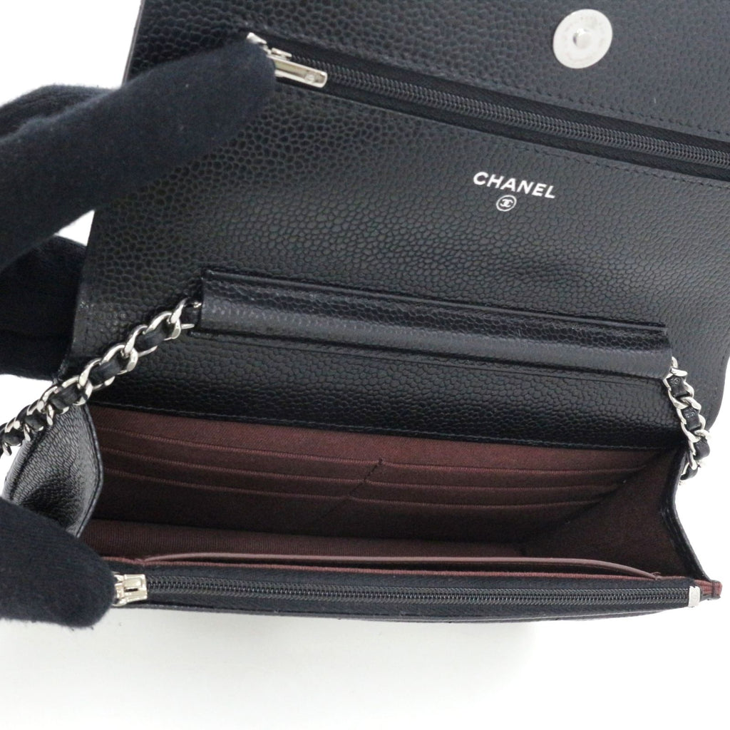 Chanel Quilted Chain Wallet Shoulder Bag Caviar Leather Black Silver — view 5