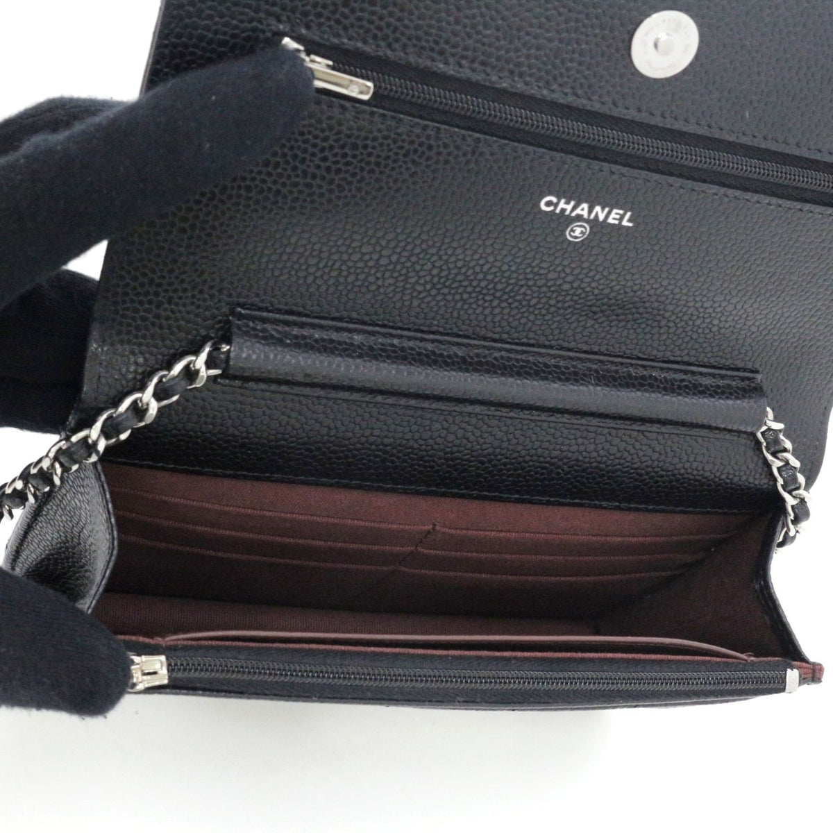 Chanel Quilted Chain Wallet Shoulder Bag Caviar Leather Black Silver — view 5
