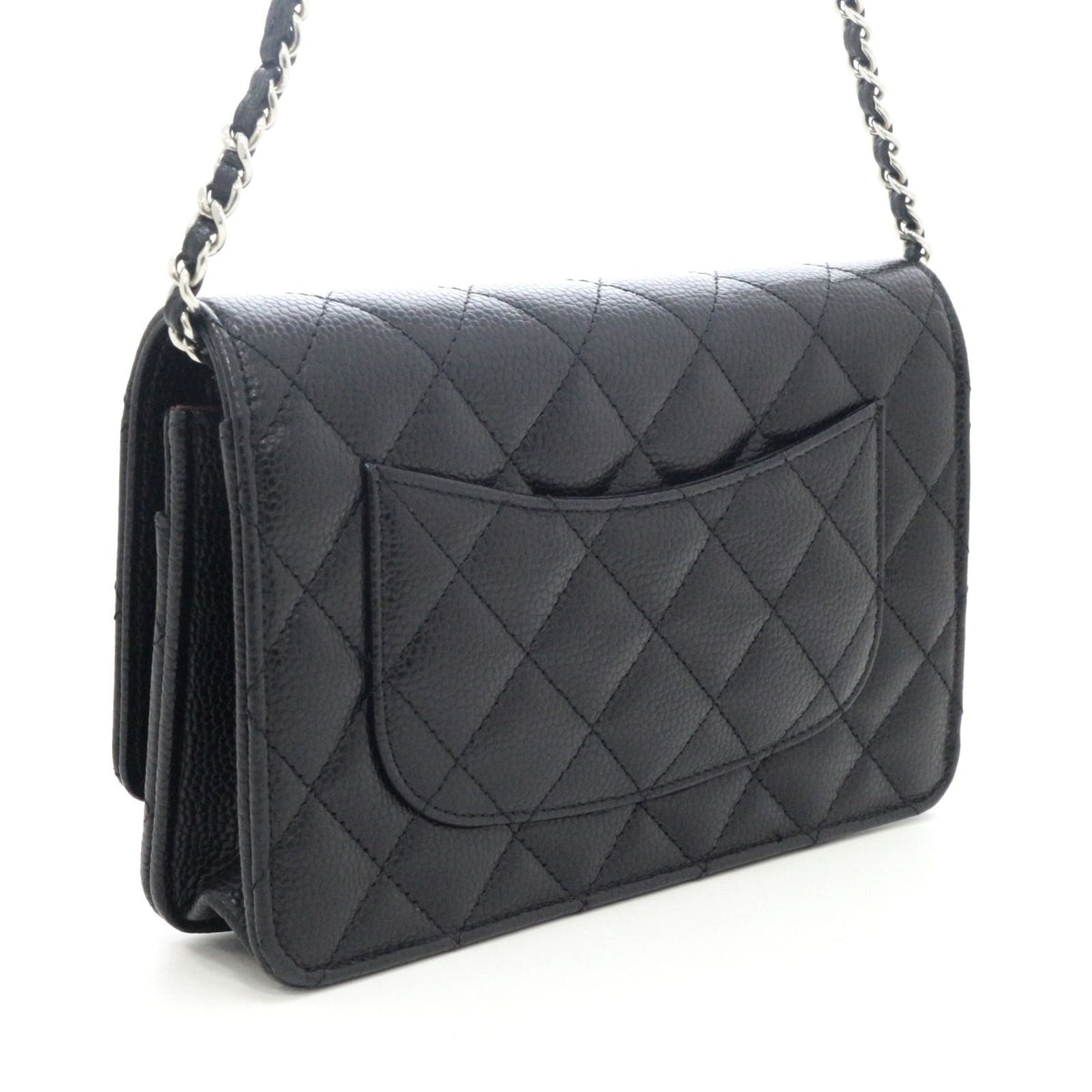 Chanel Quilted Chain Wallet Shoulder Bag Caviar Leather Black Silver — view 3