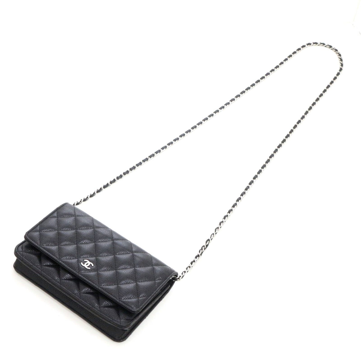Chanel Quilted Chain Wallet Shoulder Bag Caviar Leather Black Silver — view 4