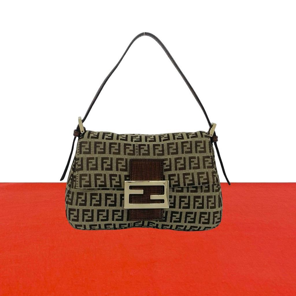 Fendi Vintage Zucchino FF Pattern Logo Canvas Leather Mini Handbag Brown