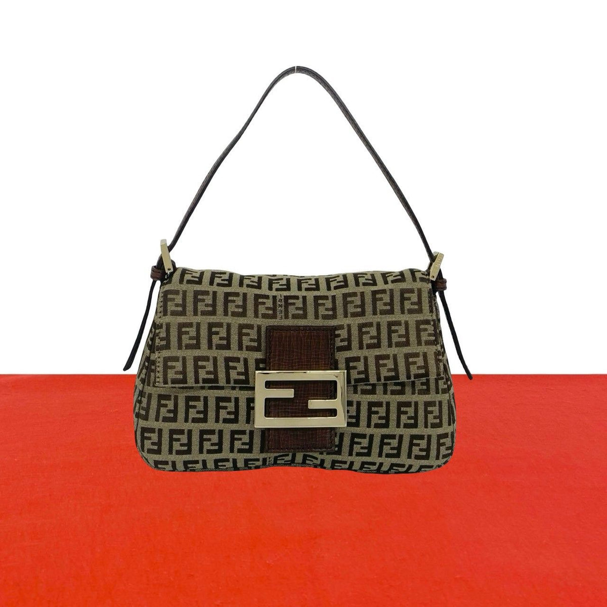 Fendi Vintage Zucchino FF Pattern Logo Canvas Leather Mini Handbag Brown