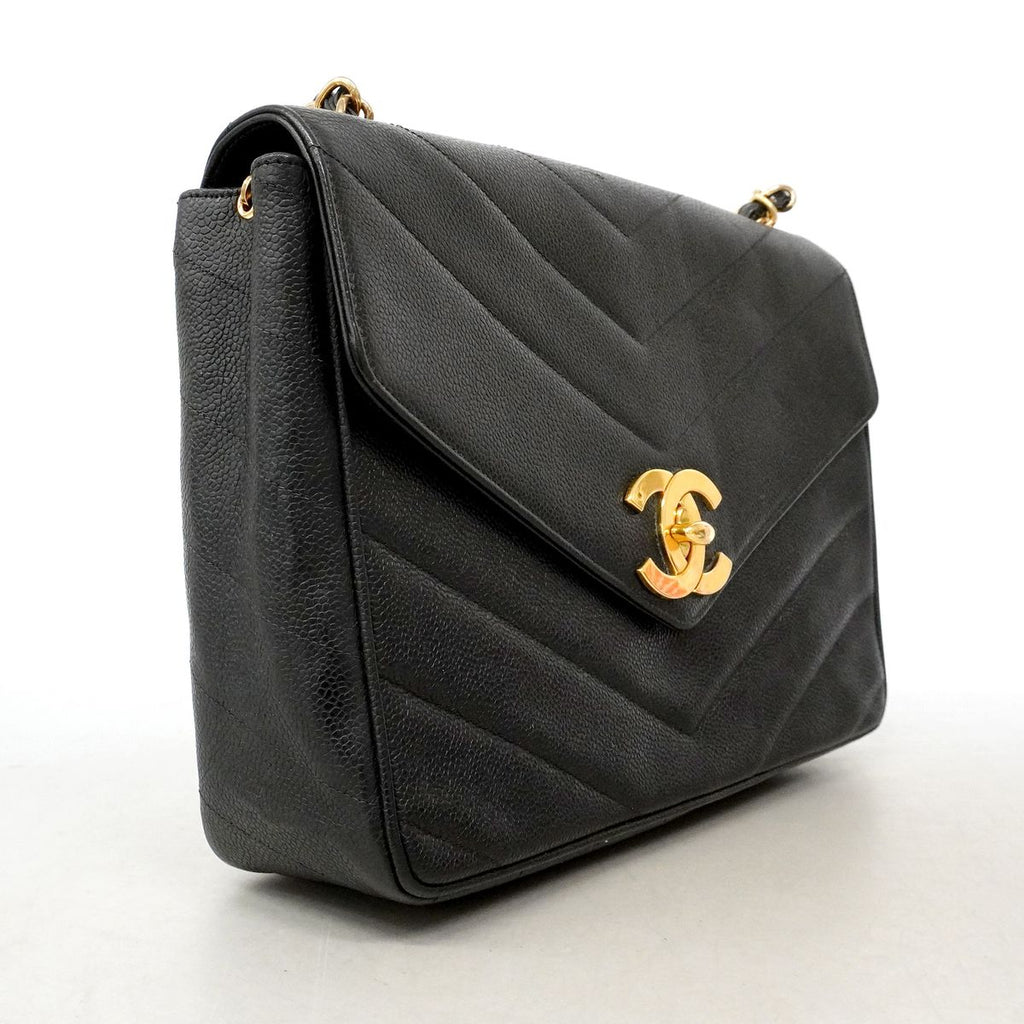 Chanel Shoulder Bag V-stitch Caviar Leather Black Gold — view 2