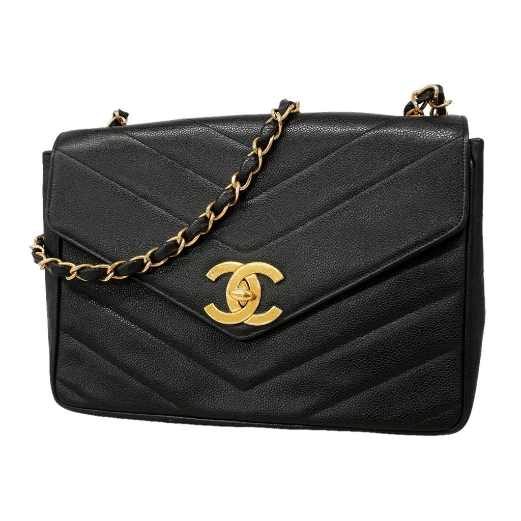 Chanel Shoulder Bag V-stitch Caviar Leather Black Gold