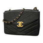 Chanel Shoulder Bag V-stitch Caviar Leather Black Gold