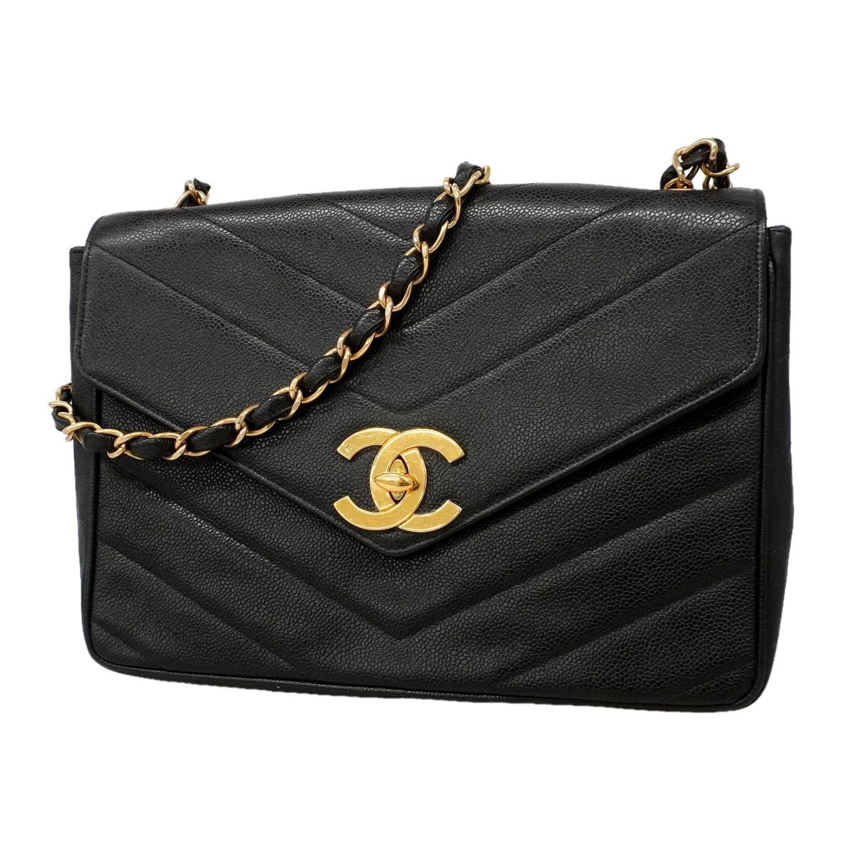 Chanel Shoulder Bag V-stitch Caviar Leather Black Gold