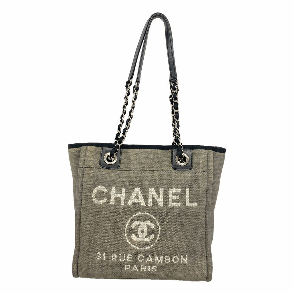 Chanel Chain Tote Bag Deauville Canvas Gray Silver