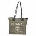 Chanel Chain Tote Bag Deauville Canvas Gray Silver