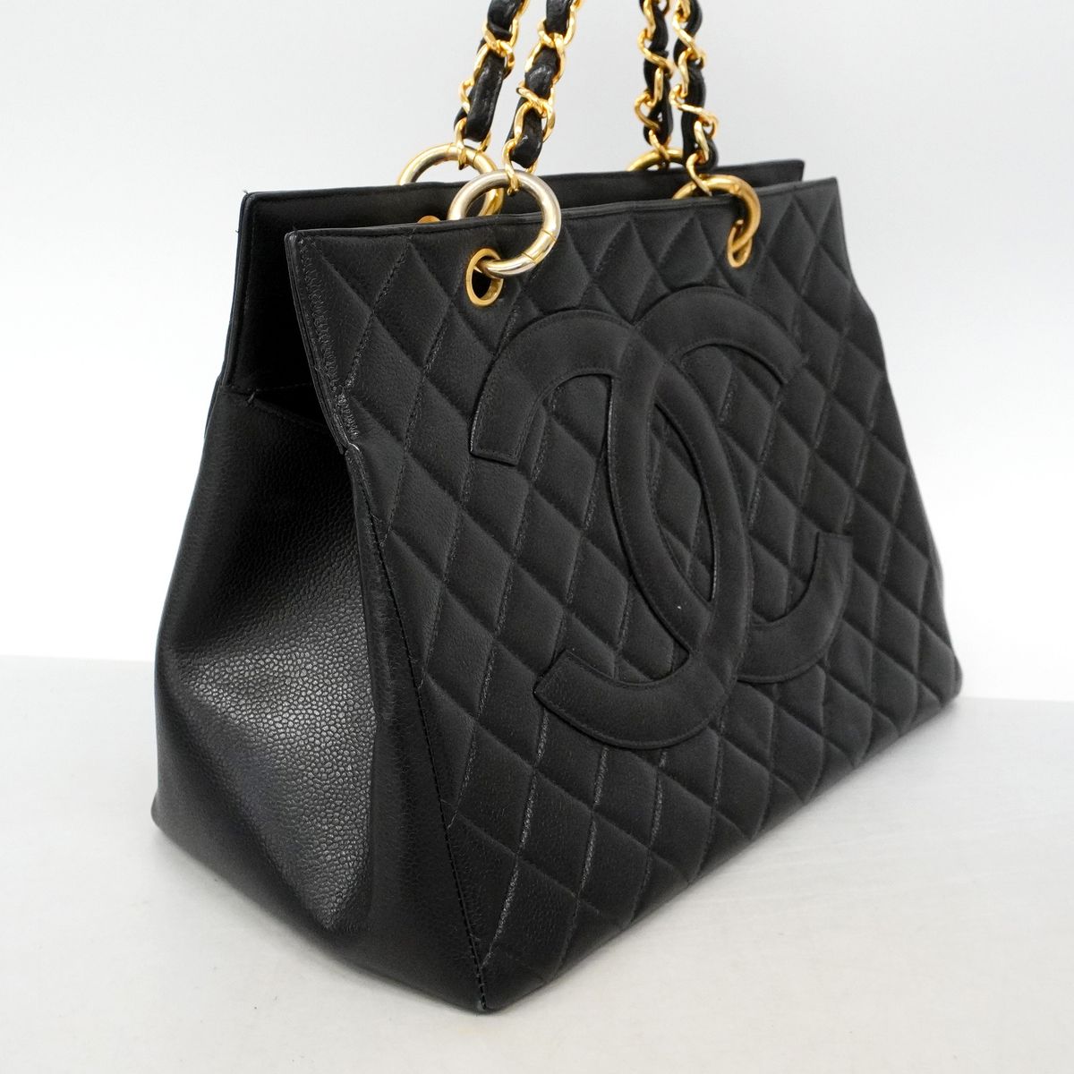 Chanel Chain Tote Bag Quilted Caviar Leather Black Gold — view 2