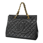 Chanel Chain Tote Bag Quilted Caviar Leather Black Gold