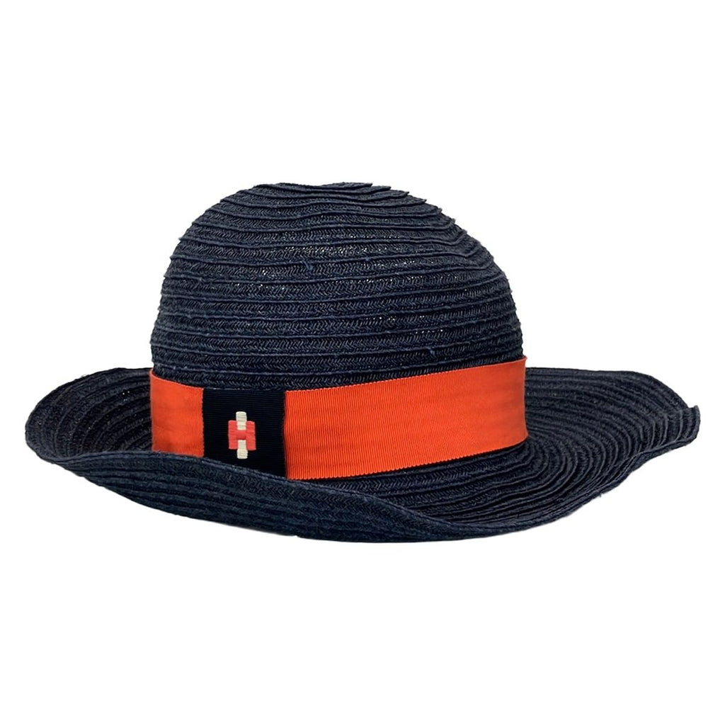 Hermes Hat 58 Navy Orange Ivory Straw Hat Cotton — view 2