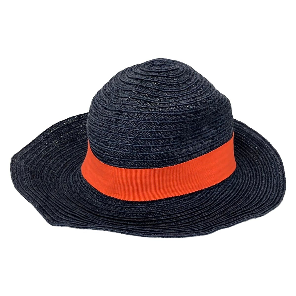 Hermes Hat 58 Navy Orange Ivory Straw Hat Cotton