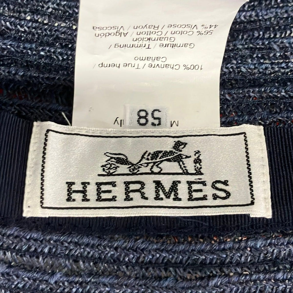 Hermes Hat 58 Navy Orange Ivory Straw Hat Cotton — view 5