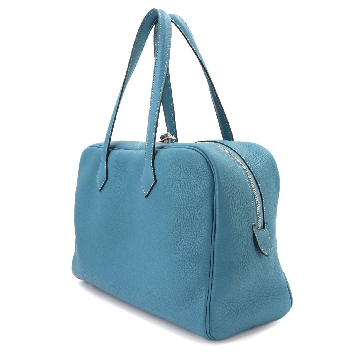 Hermes Victoria 35 Hand Bag Taurillon Clemence Blue Jean Silver — view 4
