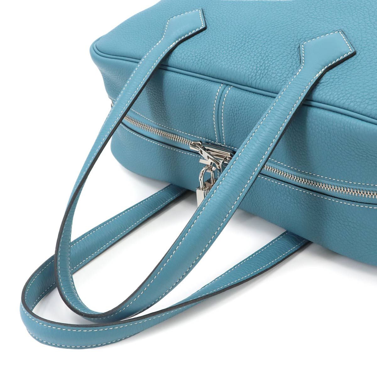 Hermes Victoria 35 Hand Bag Taurillon Clemence Blue Jean Silver — view 6