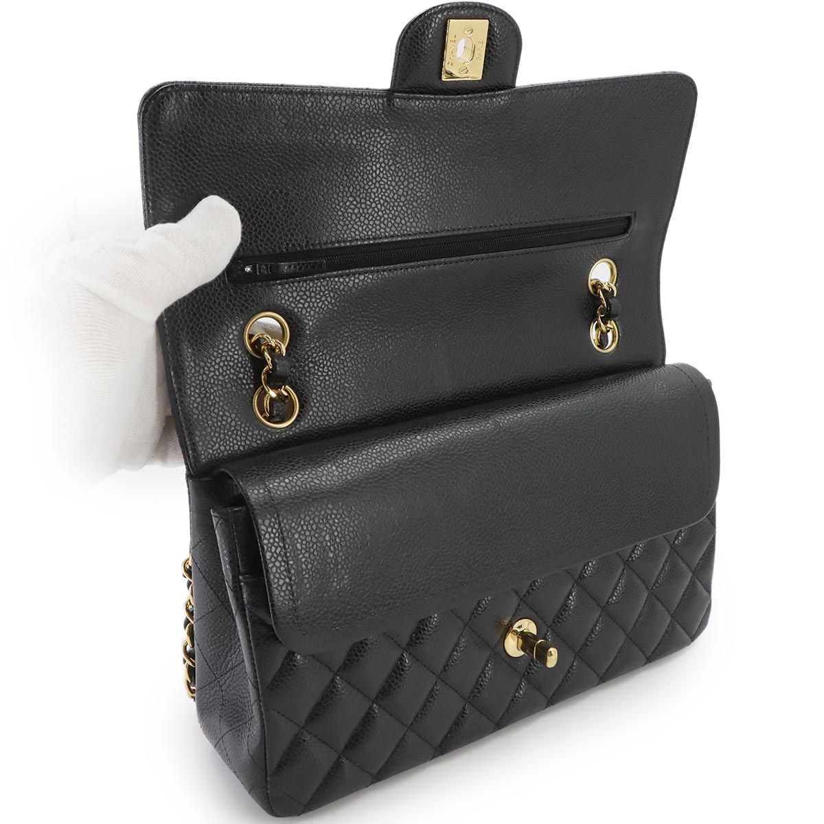 Chanel Quilted 25 Chain Shoulder Bag Caviar Leather Black Gold CC Logo — view 6