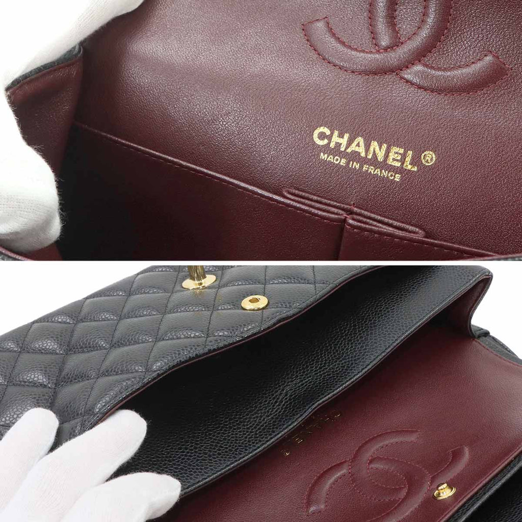 Chanel Quilted 25 Chain Shoulder Bag Caviar Leather Black Gold CC Logo — view 8