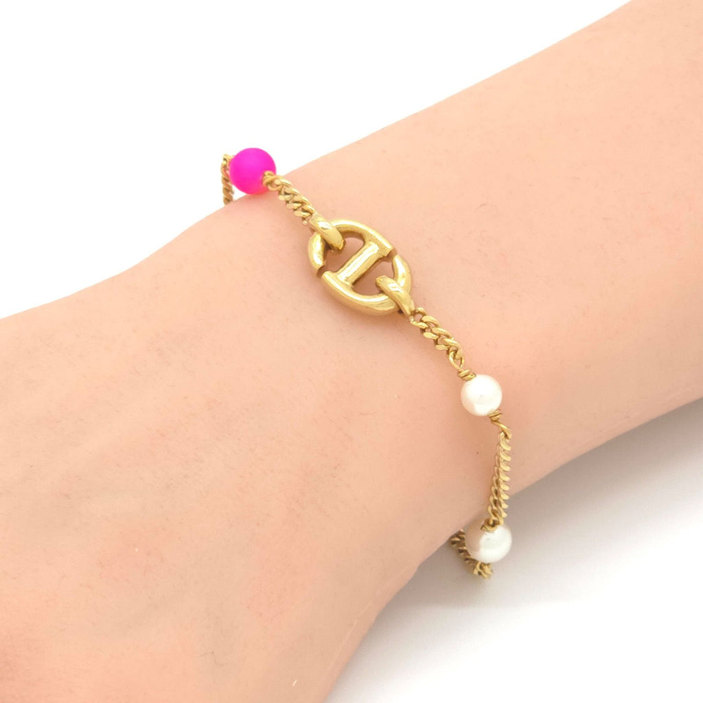 Dior CD Navy Bracelet White Pink Color Resin Pearl Gold Tone Metal