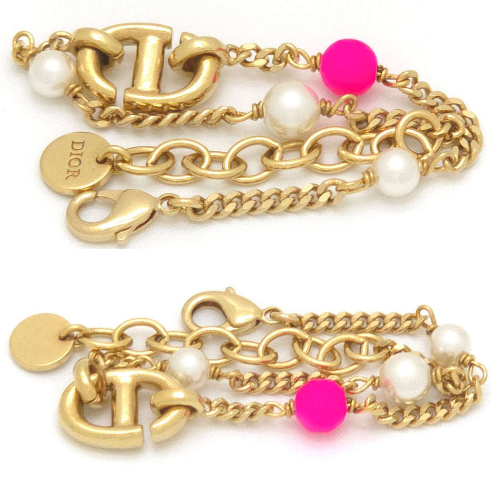 Dior CD Navy Bracelet White Pink Color Resin Pearl Gold Tone Metal — view 3