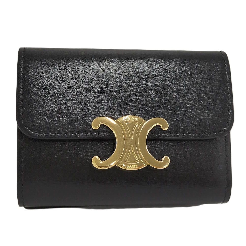 Celine Triomphe Compact Wallet with Coin Purse Shiny Calfskin Black