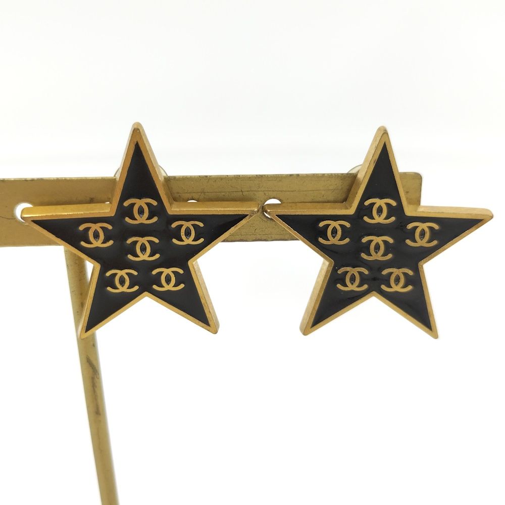 Chanel Earrings Star CC Logo Coco CC Plated Black Gold 01P