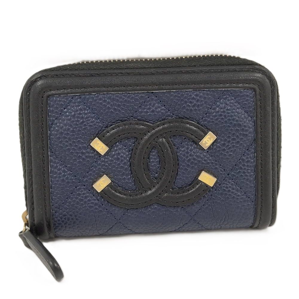 Chanel Coin Purse CC Filigree Quilted Caviar Leather