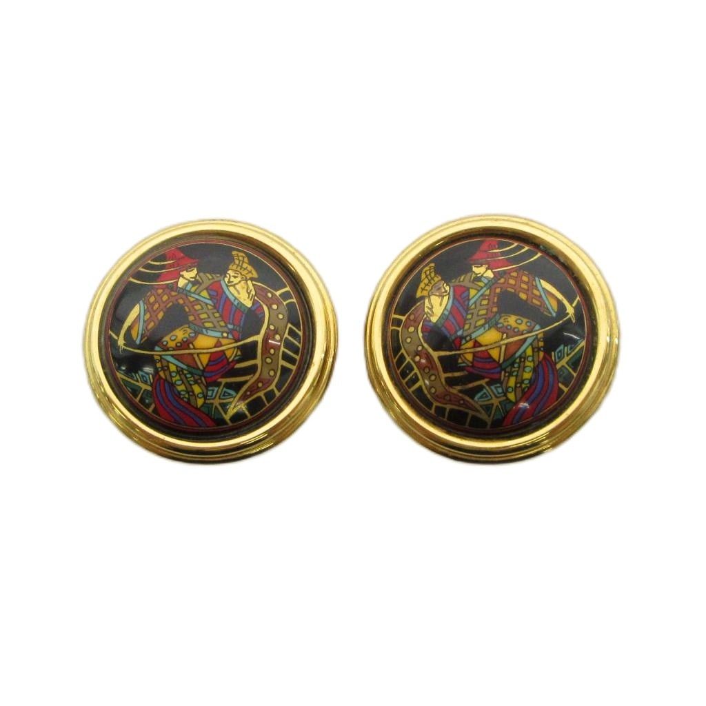 Hermes Enamel Cloisonne Earrings Clip-On Gold Plated Colored Black