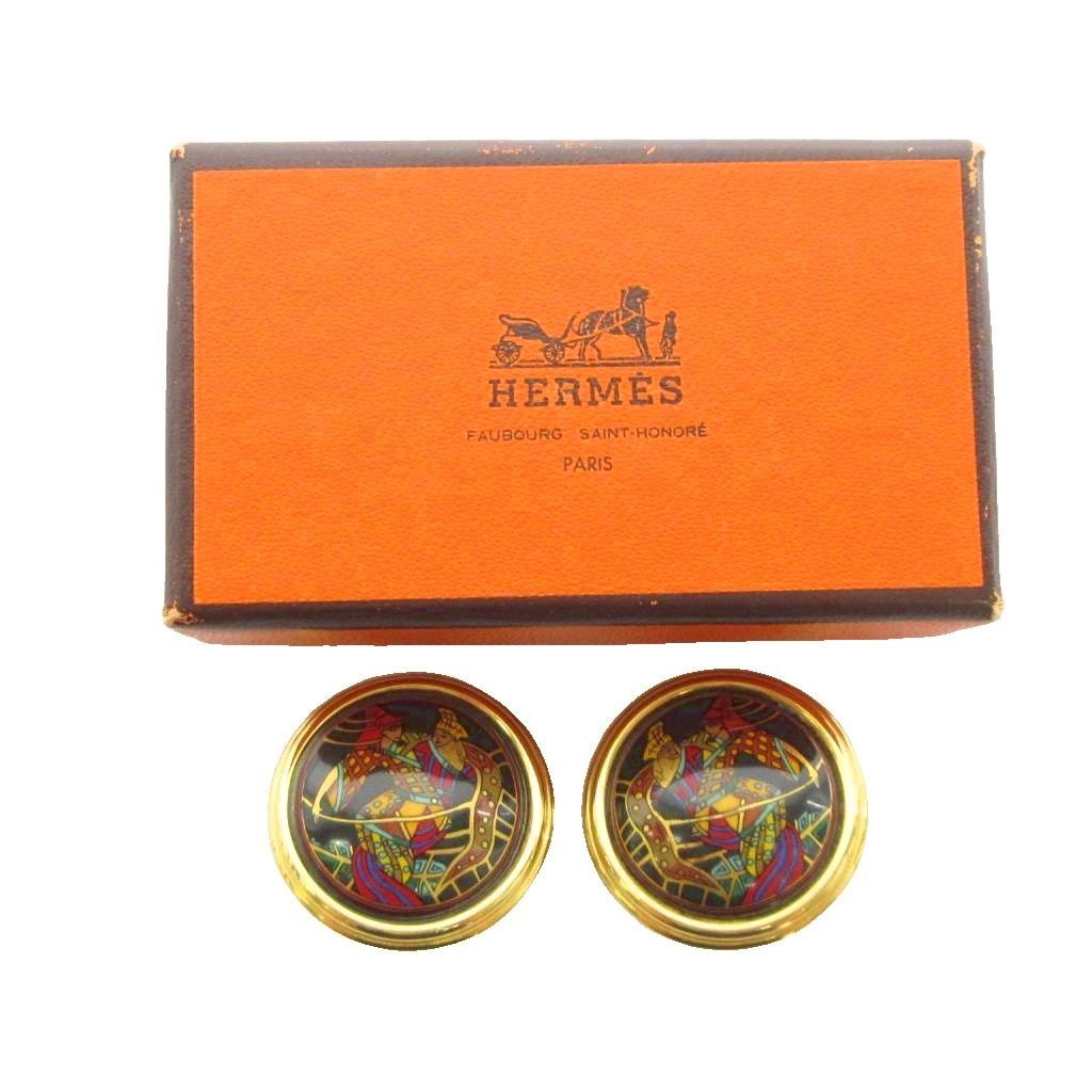 Hermes Enamel Cloisonne Earrings Clip-On Gold Plated Colored Black — view 4