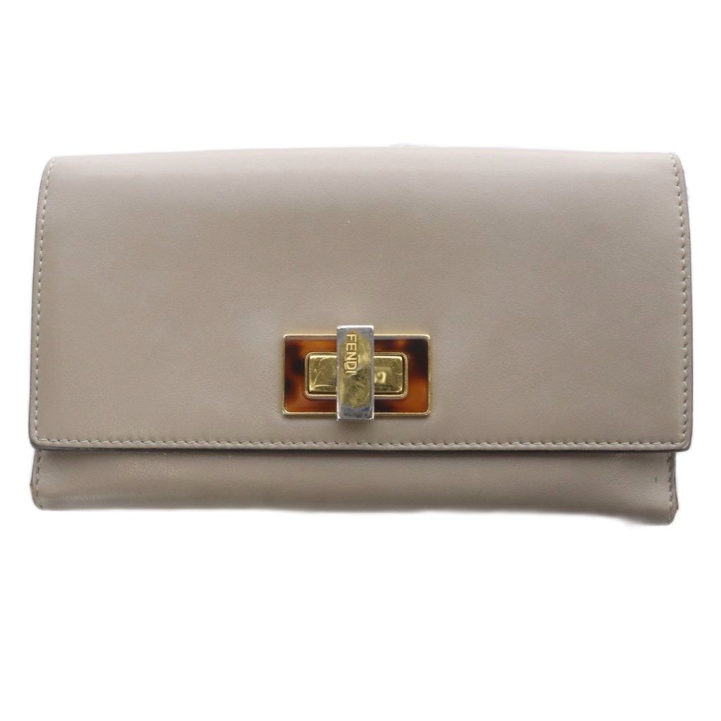 Fendi Peekaboo Selleria Wallet with Coin Purse Bifold Leather Turnlock Greige