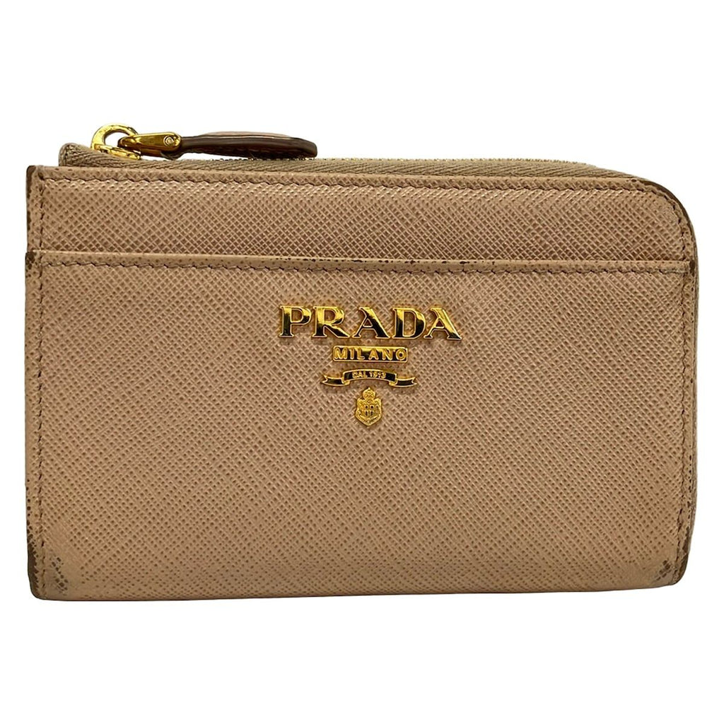 Prada Coin Purse Pink Beige L-shaped Zipper with Key Ring Leather